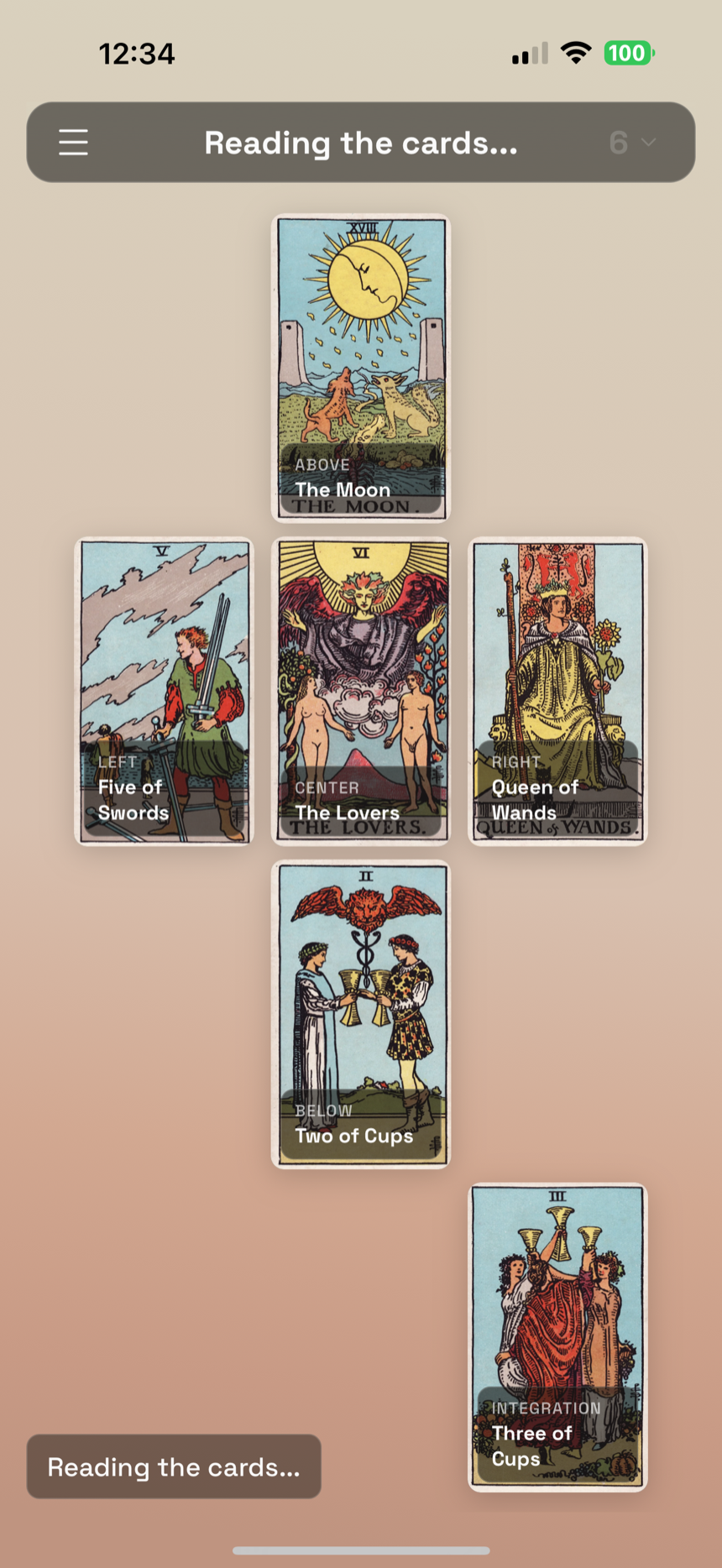 A reading in progress. Six cards on the table.